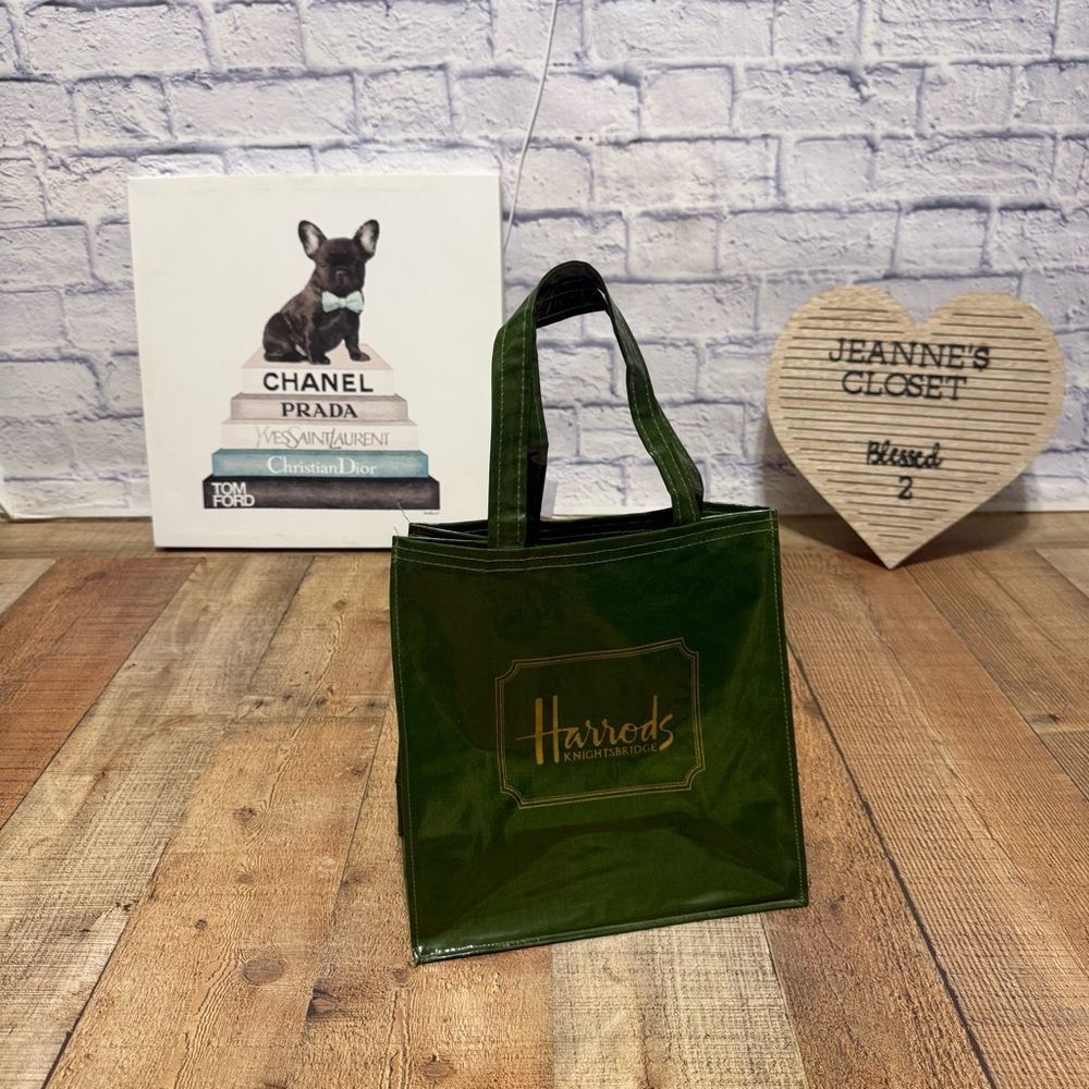 VTG Harrods Shopping Bag Tote Glossy Vinyl Cotton PVC Green Vintage